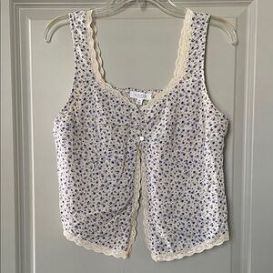 KIRIOUS Los Angeles Floral Lace Trim Tank - Blue on Cream